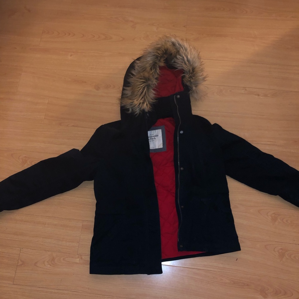 Navy A&F medium length parka jacket